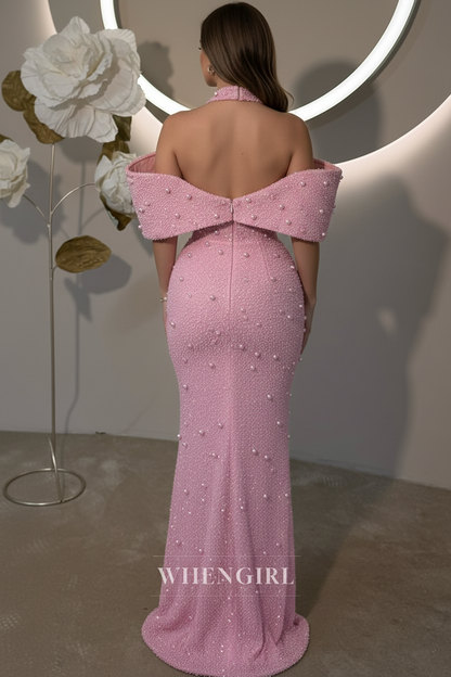 Candy Pink Asymmetrical Neck Pearls Beaded Sheath Formal Prom Dress