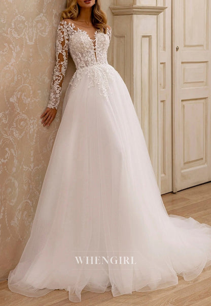 Elegant A-Line Long Sleeves Illusion Neck Wedding Dress with Lace Detail and Court Train