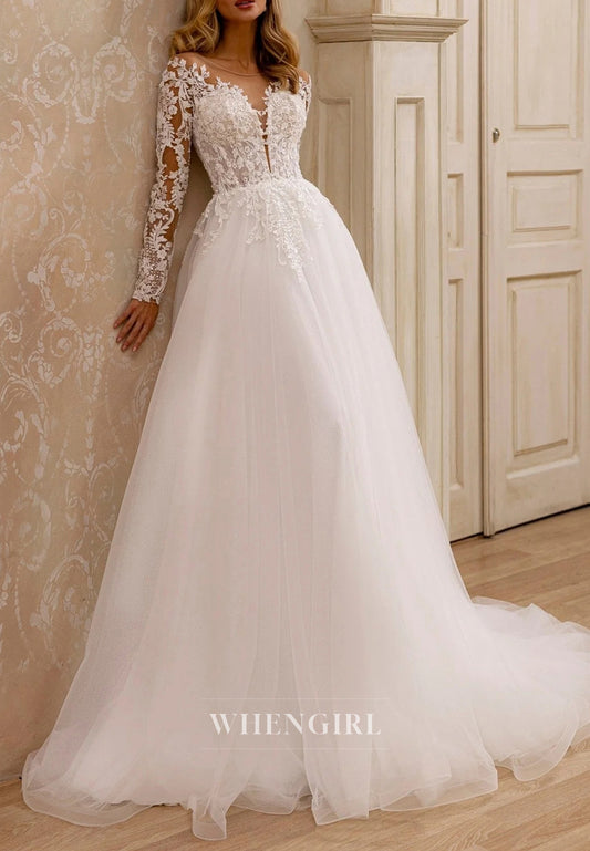 Elegant A-Line Long Sleeves Illusion Neck Wedding Dress with Lace Detail and Court Train