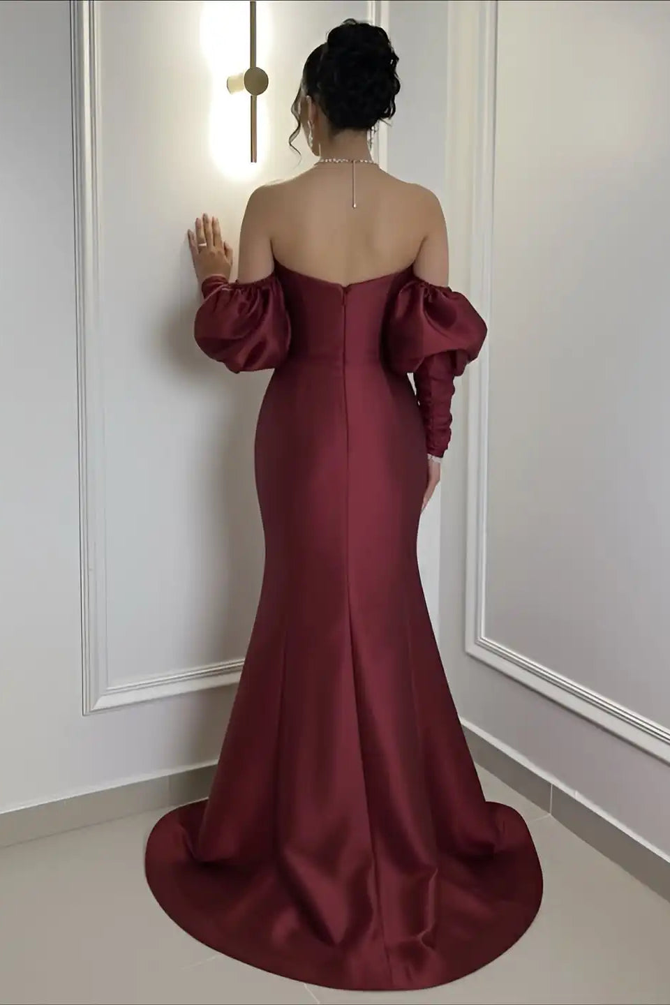 Elegant Burgundy Strapless Satin Mermaid Prom Dress Column Detachable Sleeves With Zipper