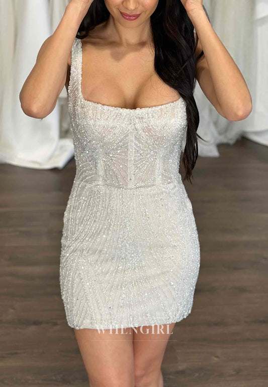 Square Neck Sleeveless Sheath Beaded Back Zipper Short Wedding Dress