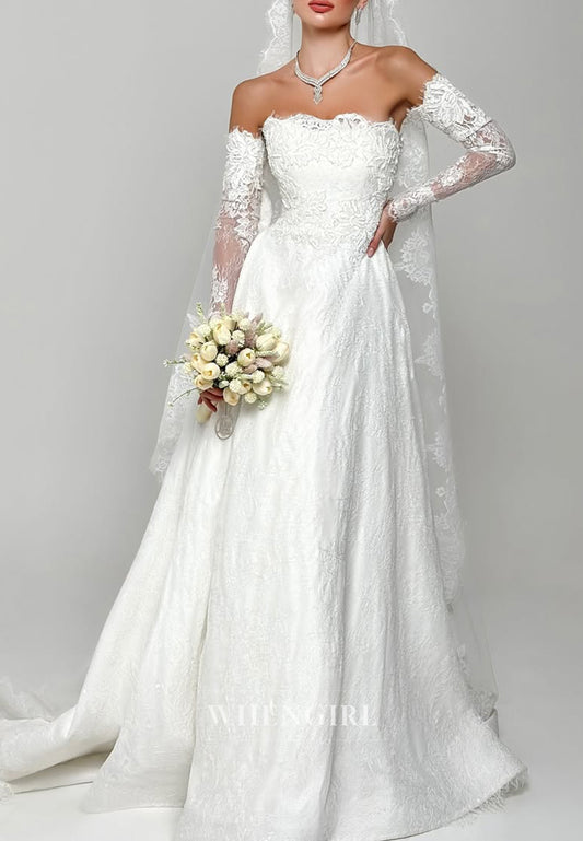 A-Line Strapless Appliqued Lace Sweep Train Wedding Dress with Long Sleeves