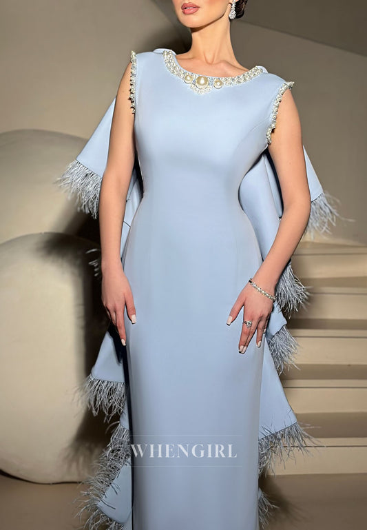 Sky Blue Scoop Neck Sleeveless Formal Evening Dress Column Pearls Sweep Train Party Dress