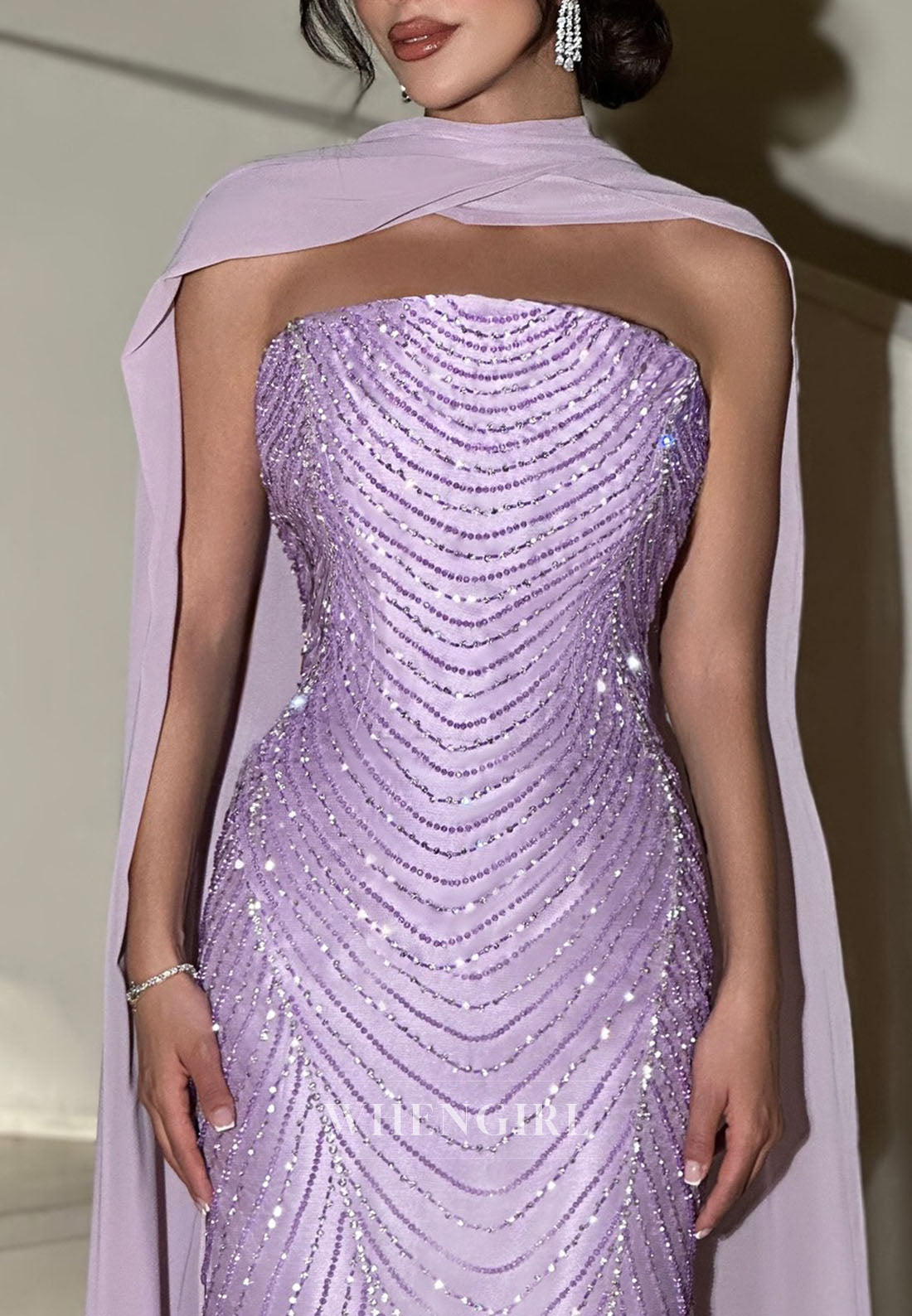 Lilac Mermaid Sleeveless Beaded Formal Evening Dress with Cape