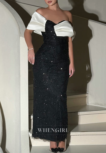 Black Off Shoulder Beaded Sheath Short Sleeves Ankle Length Evevening Dress