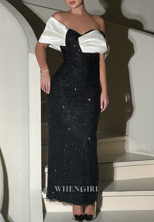 Black Off Shoulder Beaded Sheath Short Sleeves Ankle Length Evevening Dress