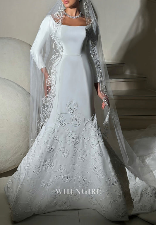 Mermaid Square Neck 3/4 Sleeves Embroidery Beaded Wedding Dress with Court Train