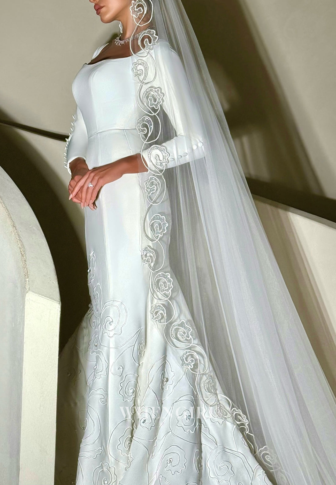 Mermaid Square Neck 3/4 Sleeves Embroidery Beaded Wedding Dress with Court Train