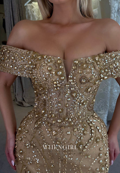 Luxury Gold Off Shoulder Sheath Full Rhinestones Beading Prom Dress