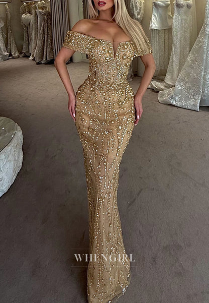 Luxury Gold Off Shoulder Sheath Full Rhinestones Beading Prom Dress
