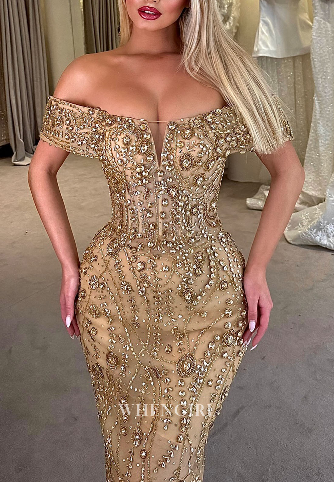 Luxury Gold Off Shoulder Sheath Full Rhinestones Beading Prom Dress