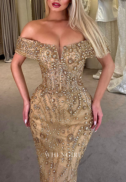 Luxury Gold Off Shoulder Sheath Full Rhinestones Beading Prom Dress