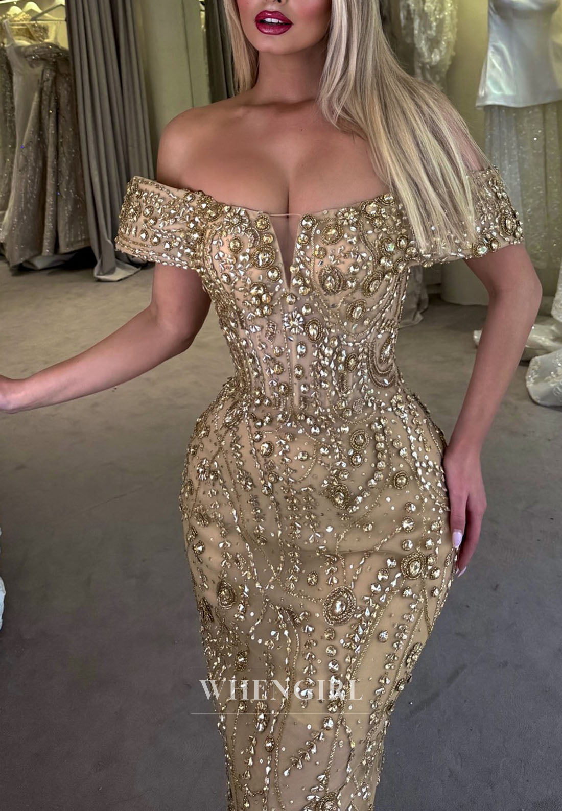 Luxury Gold Off Shoulder Sheath Full Rhinestones Beading Prom Dress