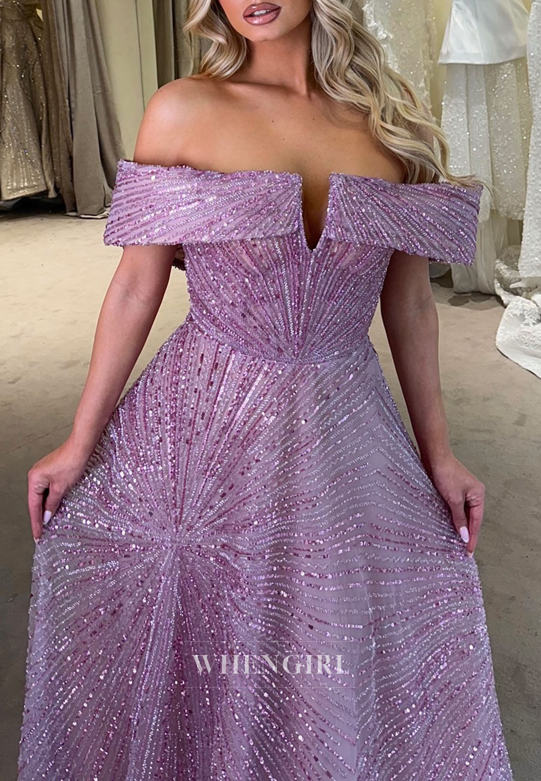 Lilac Off Shoulder Beaded A-Line Stunning Prom Dress