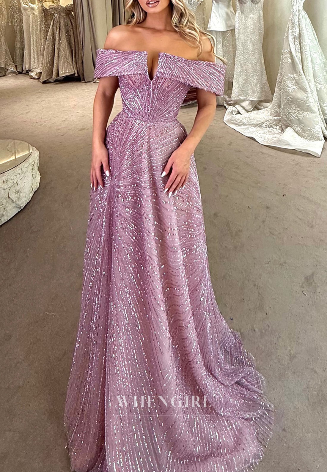 Lilac Off Shoulder Beaded A-Line Stunning Prom Dress
