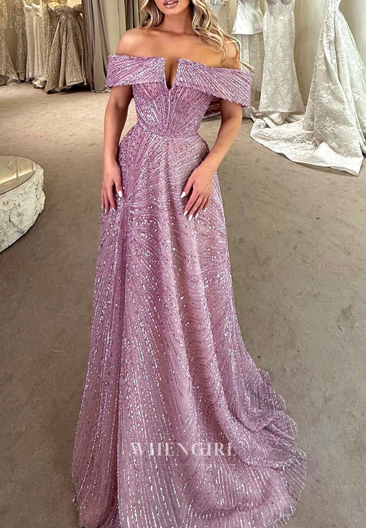 Lilac Off Shoulder Beaded A-Line Stunning Prom Dress