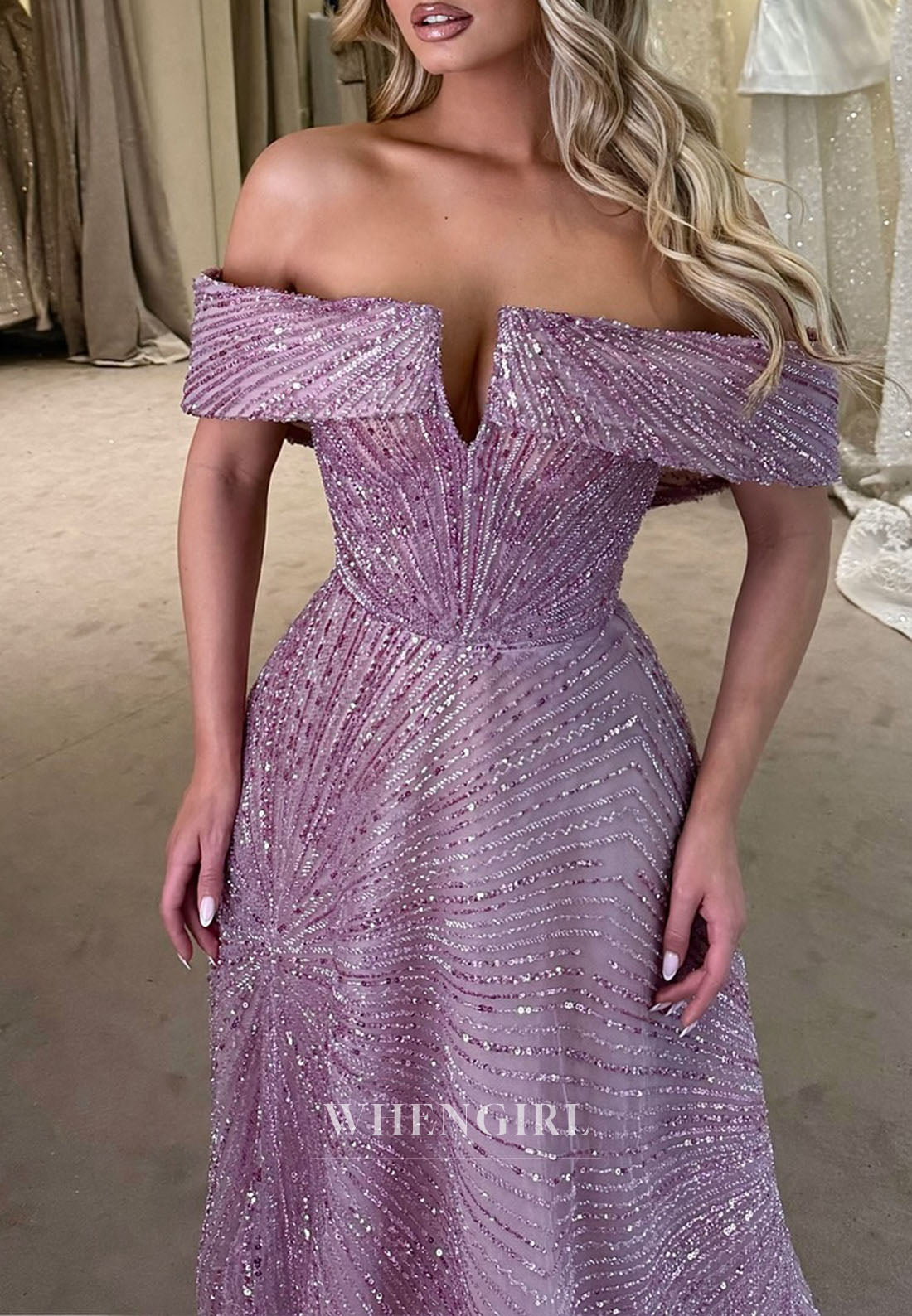 Lilac Off Shoulder Beaded A-Line Stunning Prom Dress