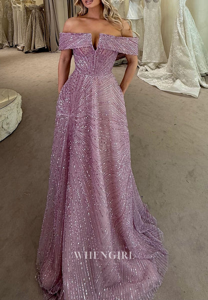 Lilac Off Shoulder Beaded A-Line Stunning Prom Dress