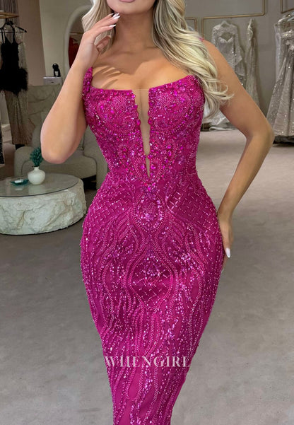 Fuchsia V Neck Regular Straps Full Rhinestones Beafing Formal Prom Dress