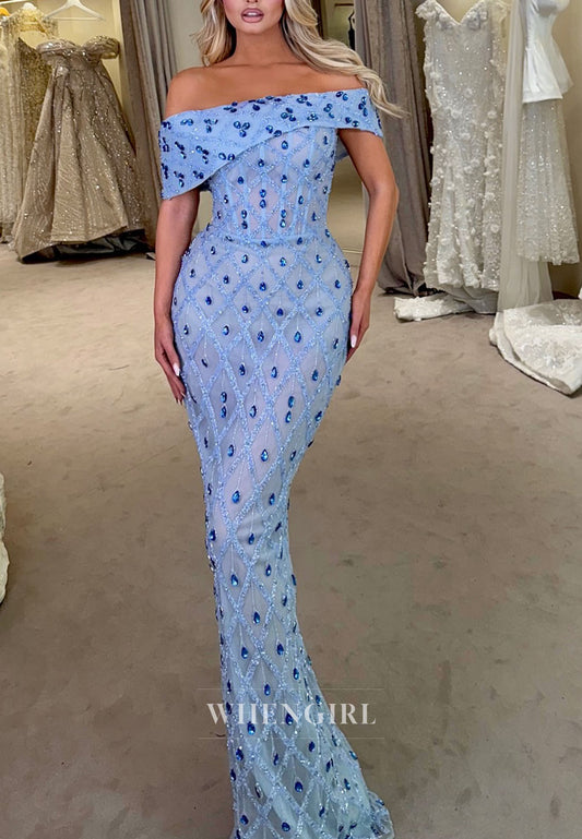 Blue Off Shoulder Rhinestones Sheath Floor Length Prom Dress Formal Gown