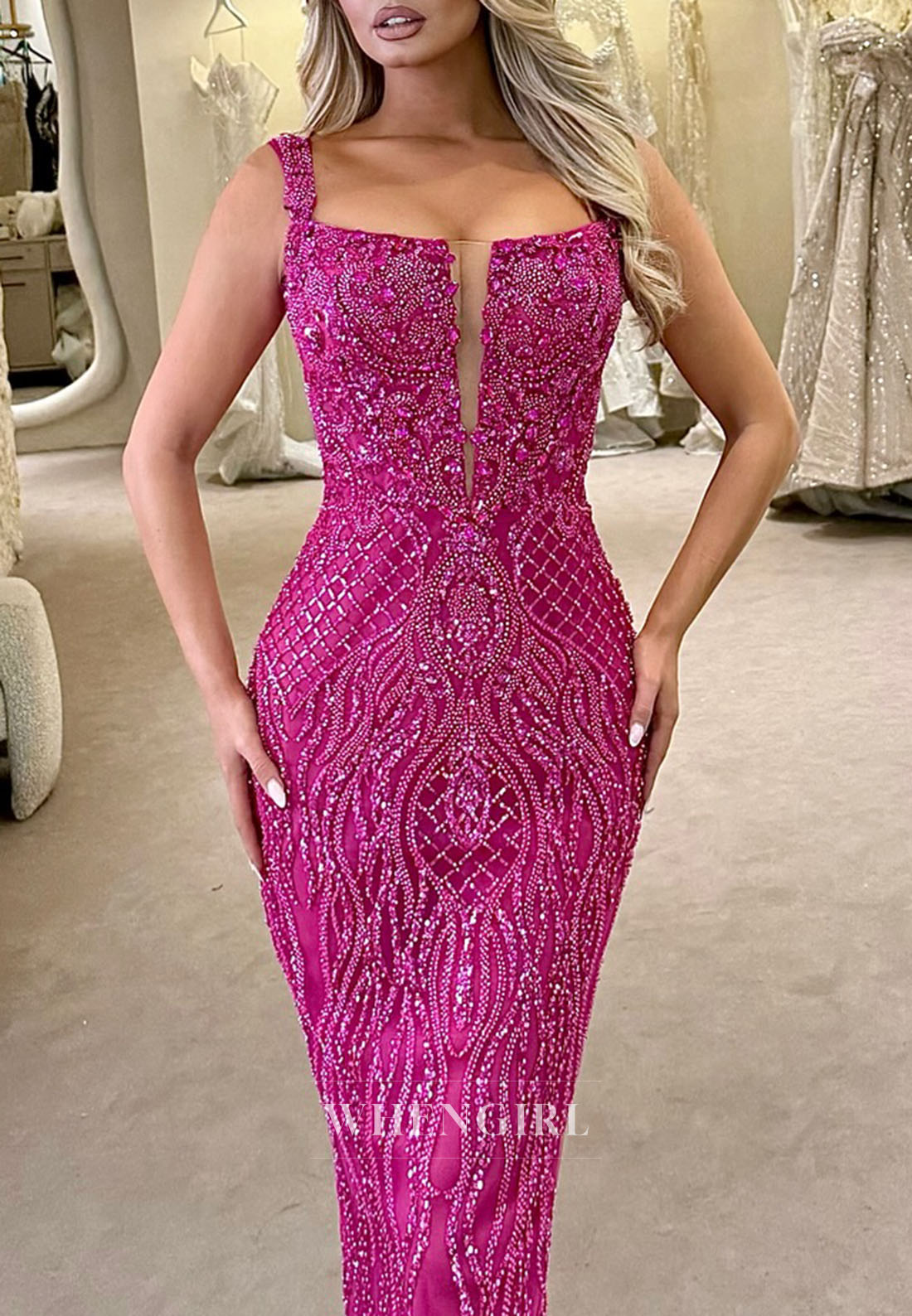 Fuchsia V Neck Regular Straps Full Rhinestones Beafing Formal Prom Dress