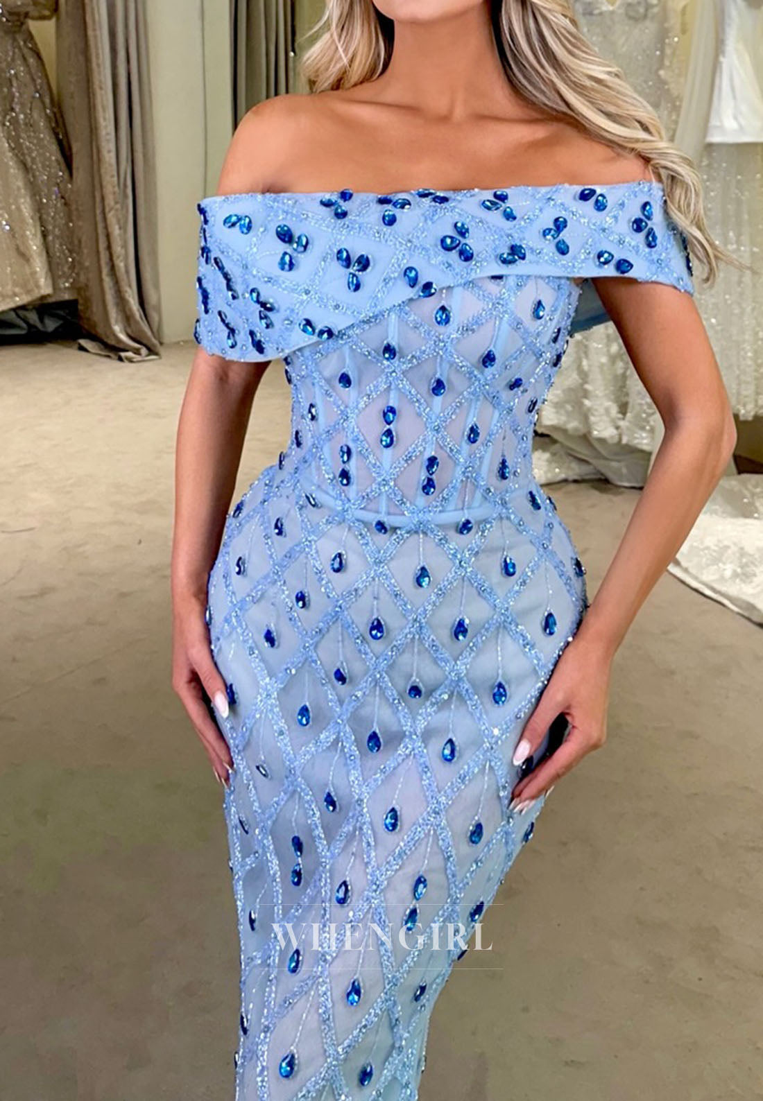 Blue Off Shoulder Rhinestones Sheath Floor Length Prom Dress Formal Gown