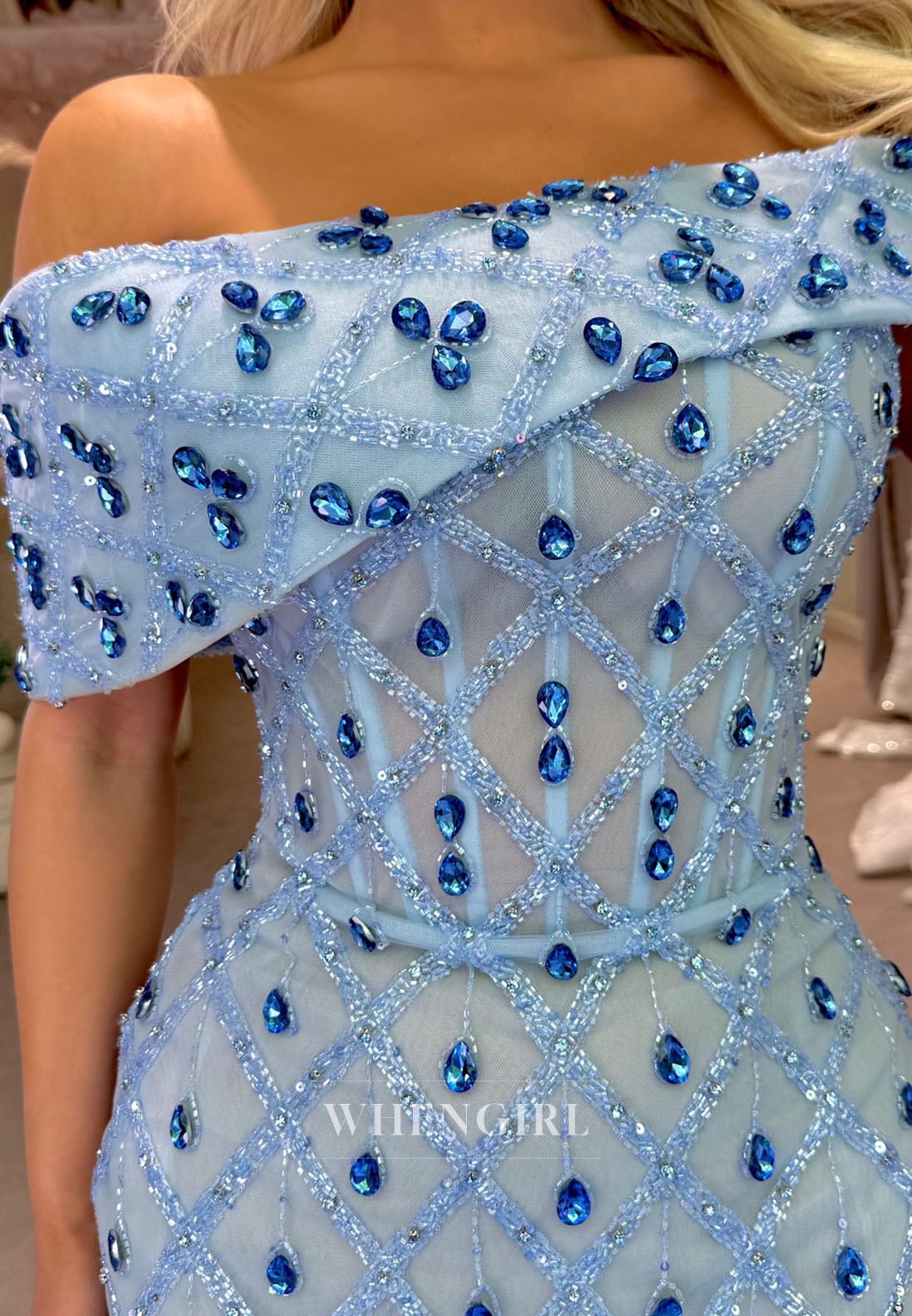 Blue Off Shoulder Rhinestones Sheath Floor Length Prom Dress Formal Gown