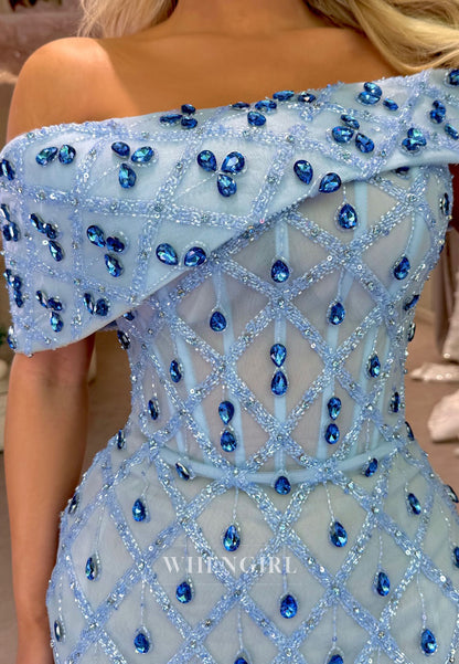 Blue Off Shoulder Rhinestones Sheath Floor Length Prom Dress Formal Gown