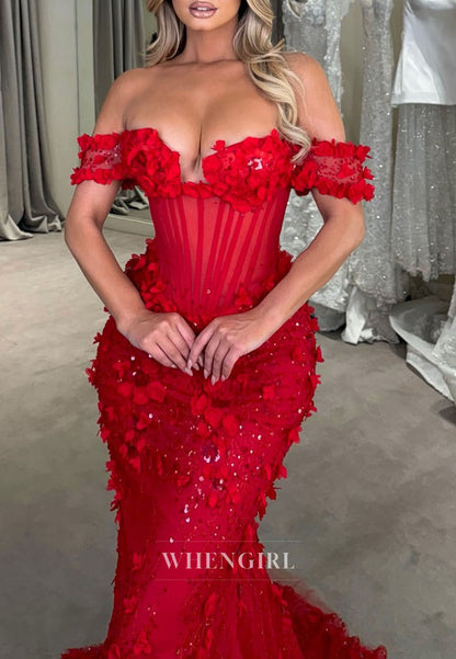 Red Burgundy Off Shoulder Floral Court Train Mermaid Evening Dress