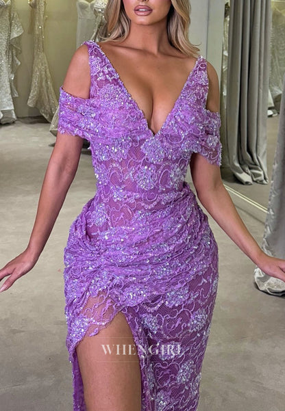 Purple V Neck Beaded Lace Side Slit Sheath Prom Dress