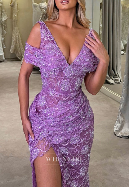 Purple V Neck Beaded Lace Side Slit Sheath Prom Dress