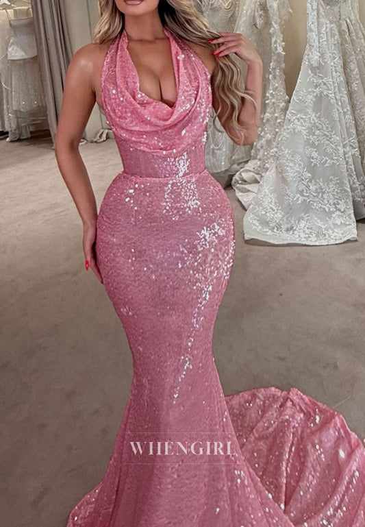Candy Pink Halter Beaded Ruched Sleeveless Sweep Train Prom Dress