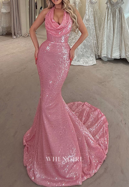 Candy Pink Halter Beaded Ruched Sleeveless Sweep Train Prom Dress