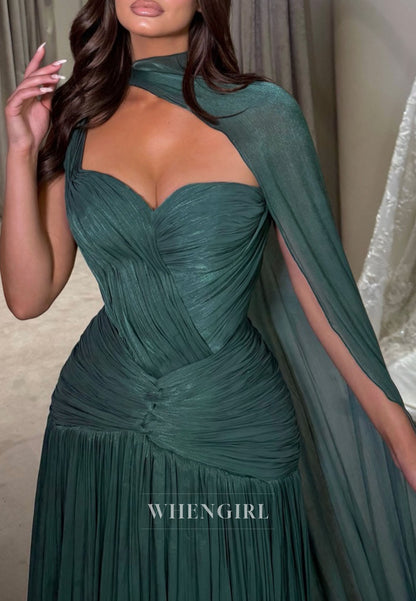 Teal Sweetheart Ruched Draped Column Floor Length Evening Dress with Shawl