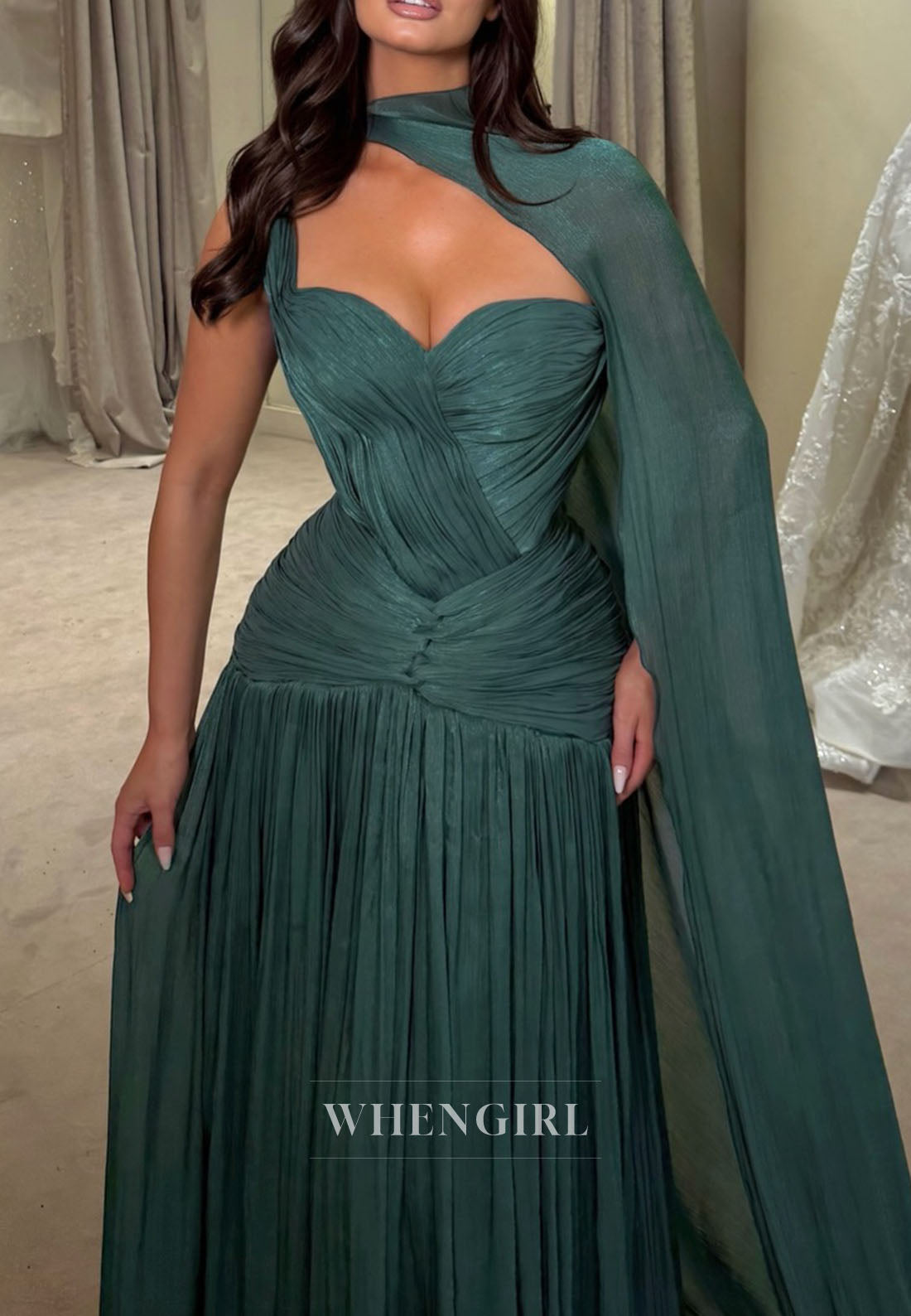 Teal Sweetheart Ruched Draped Column Floor Length Evening Dress with Shawl