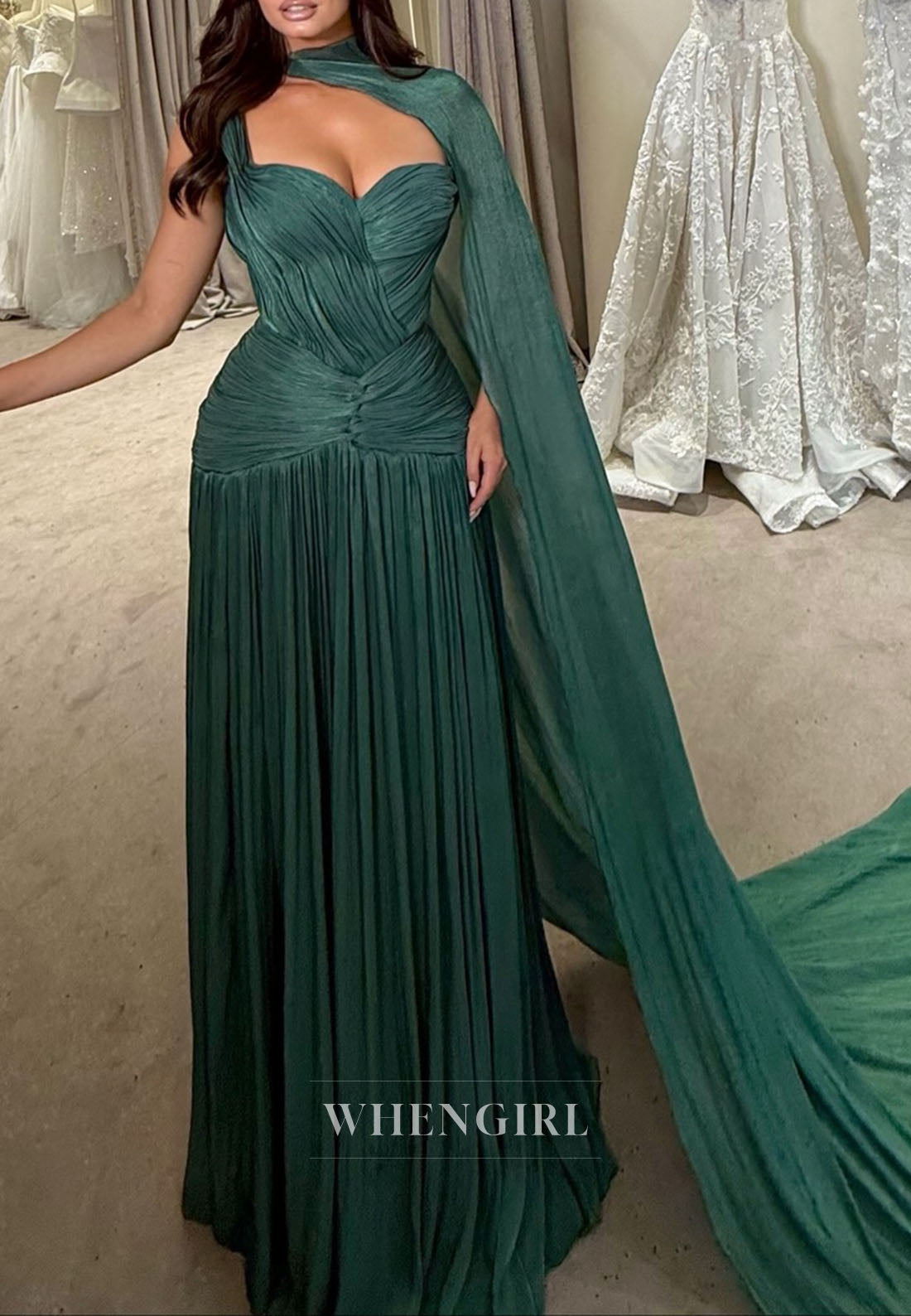Teal Sweetheart Ruched Draped Column Floor Length Evening Dress with Shawl