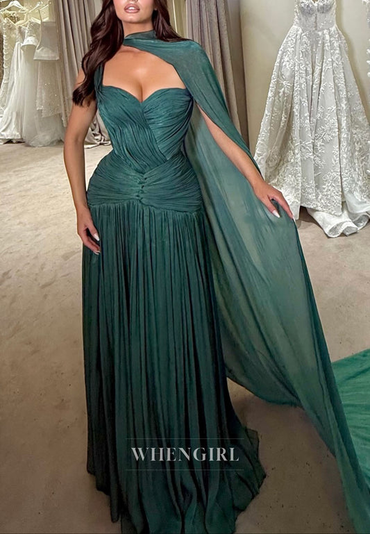 Teal Sweetheart Ruched Draped Column Floor Length Evening Dress with Shawl