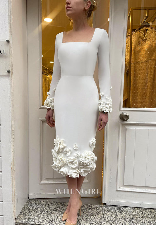 Sheath Satin Tea-Length Square Long Sleeve Wedding Dress with Flowers