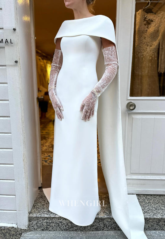 Sheath Satin Floor Length Off the Shoulder Simple Train Wedding Dress with Lace Gloves