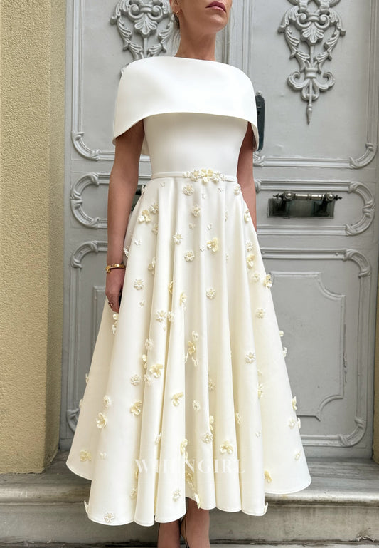 A-Line Off the Shoulder Satin Ankle Length Wedding Dress with Flowers