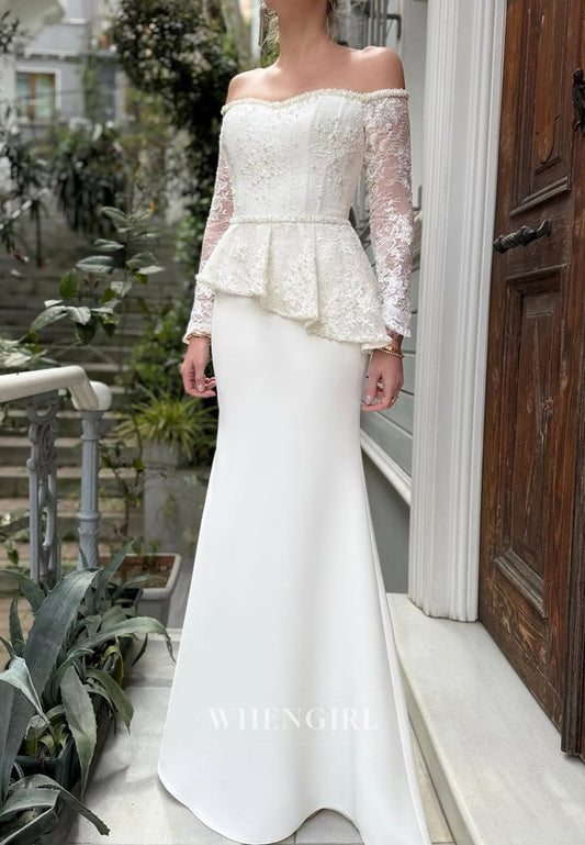 Mermaid Floor Length Ruffles Beads Lace Satin Wedding Dress with Long Sleeves