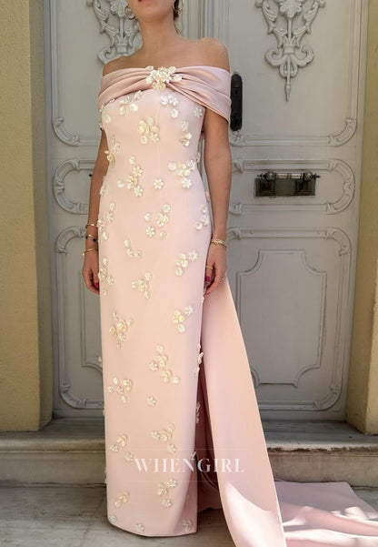 Light Pink Off Shoulder Beaded Floral Sweep Train Sheath Formal Evening Dress