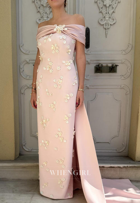Light Pink Off Shoulder Beaded Floral Sweep Train Sheath Formal Evening Dress