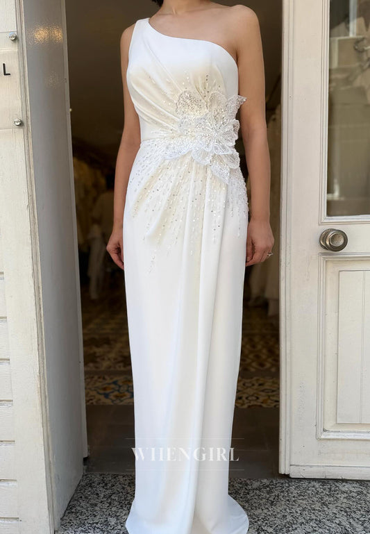 Column One Shoulder Beaded Flower Sleeveless Pleated Floor Length Wedding Dress