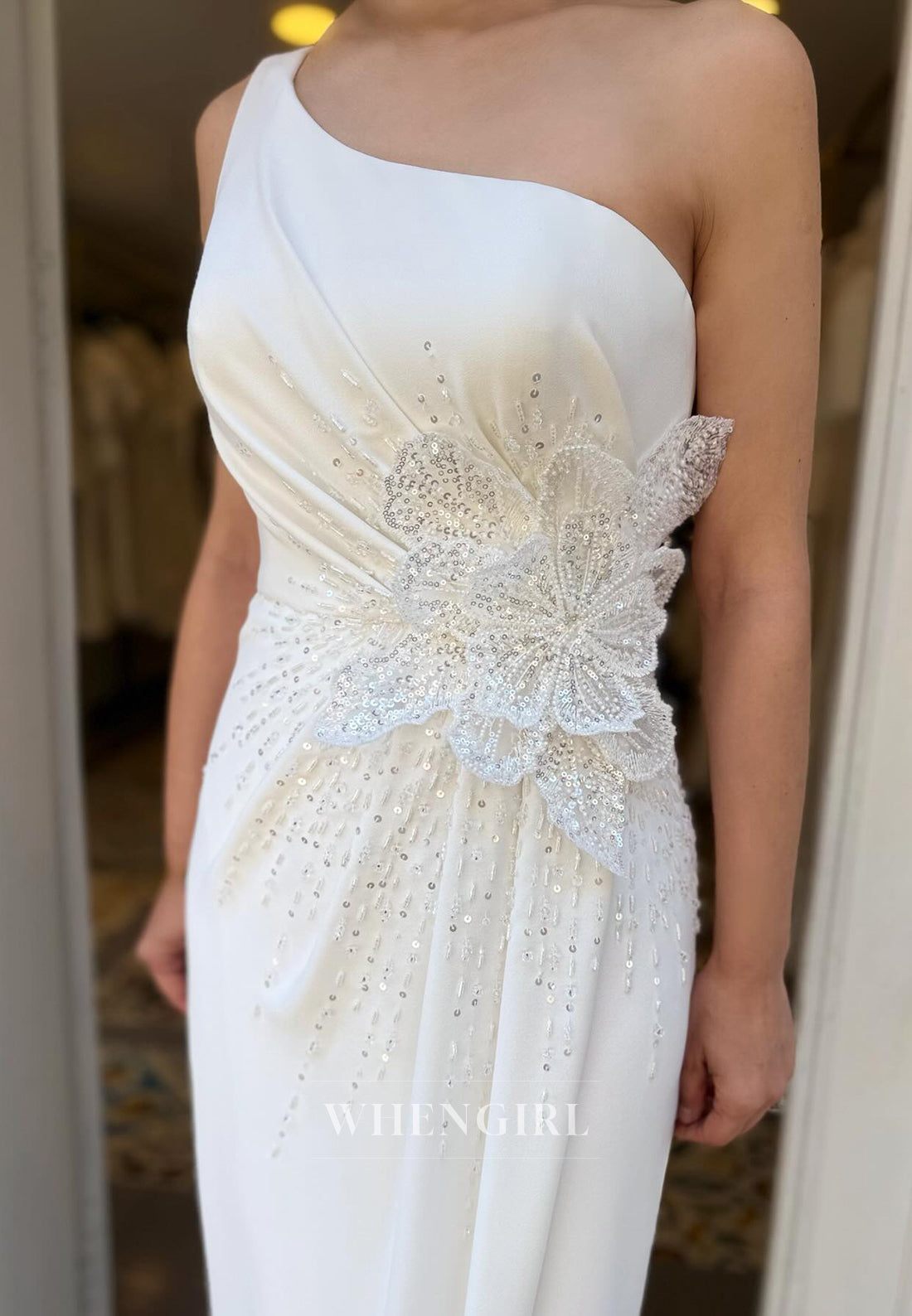 Column One Shoulder Beaded Flower Sleeveless Pleated Floor Length Wedding Dress