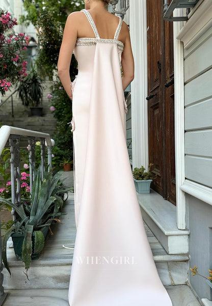 Beige Sheath Sleeveless 3D Flowers Beaded Straps Sweep Train Evening Formal Gown