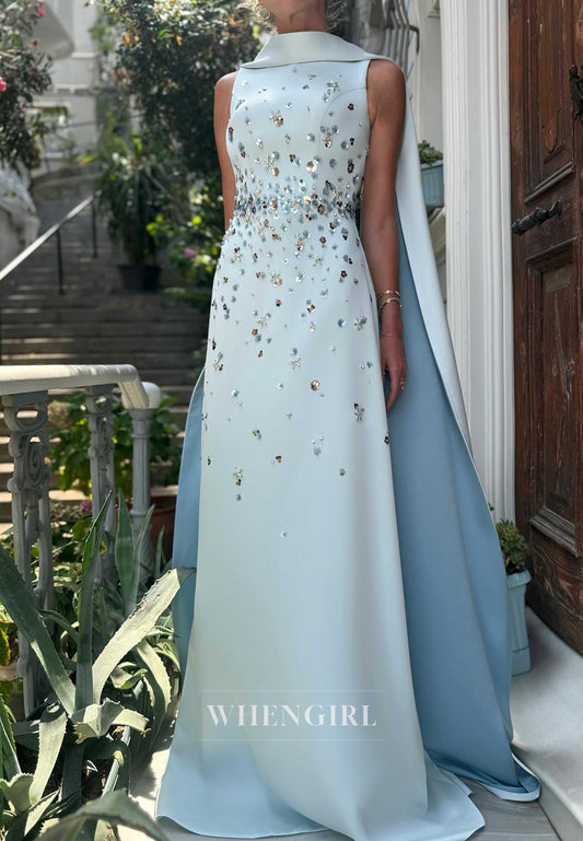Light Blue High Neck Sleeveless Rhinestones Beaded A-Line Evening Formal Dress
