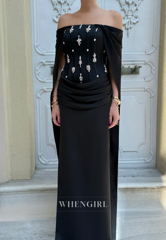 Black Off Shoulder Long Sleeves Beaded Sheath Pleated Evening Dress Formal Gown