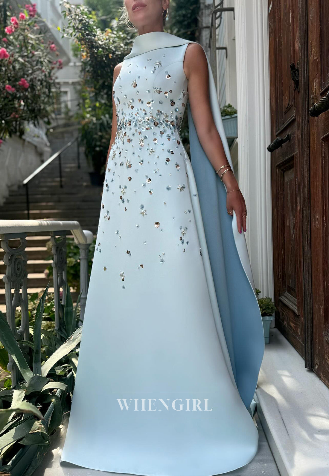 Light Blue High Neck Sleeveless Rhinestones Beaded A-Line Evening Formal Dress