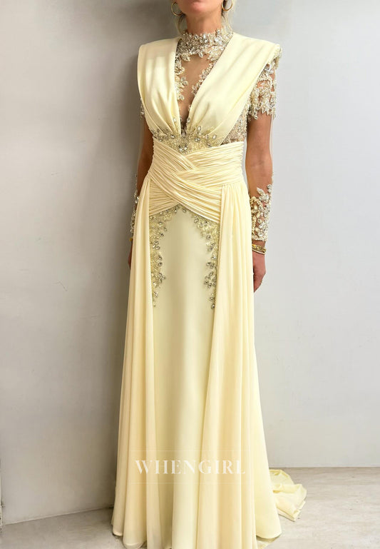 Yellow Beaded High Neck Long Sleeves Pleated Column Button Evening Dress